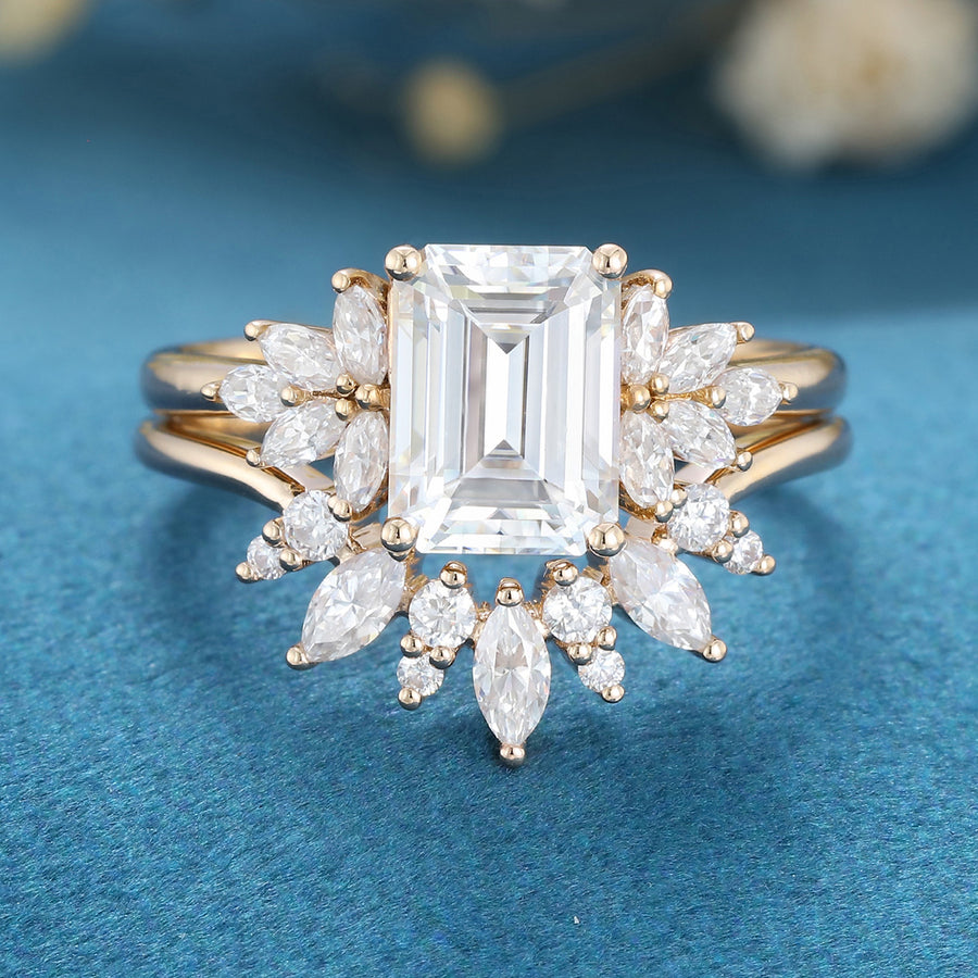 1.7Carat Vintage Emerald cut Moissanite Cluster Engagement Ring Set