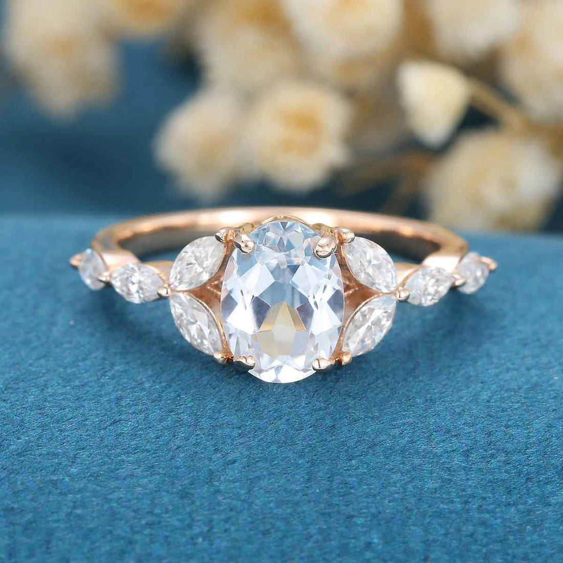 Oval cut White sapphire Cluster Engagement ring