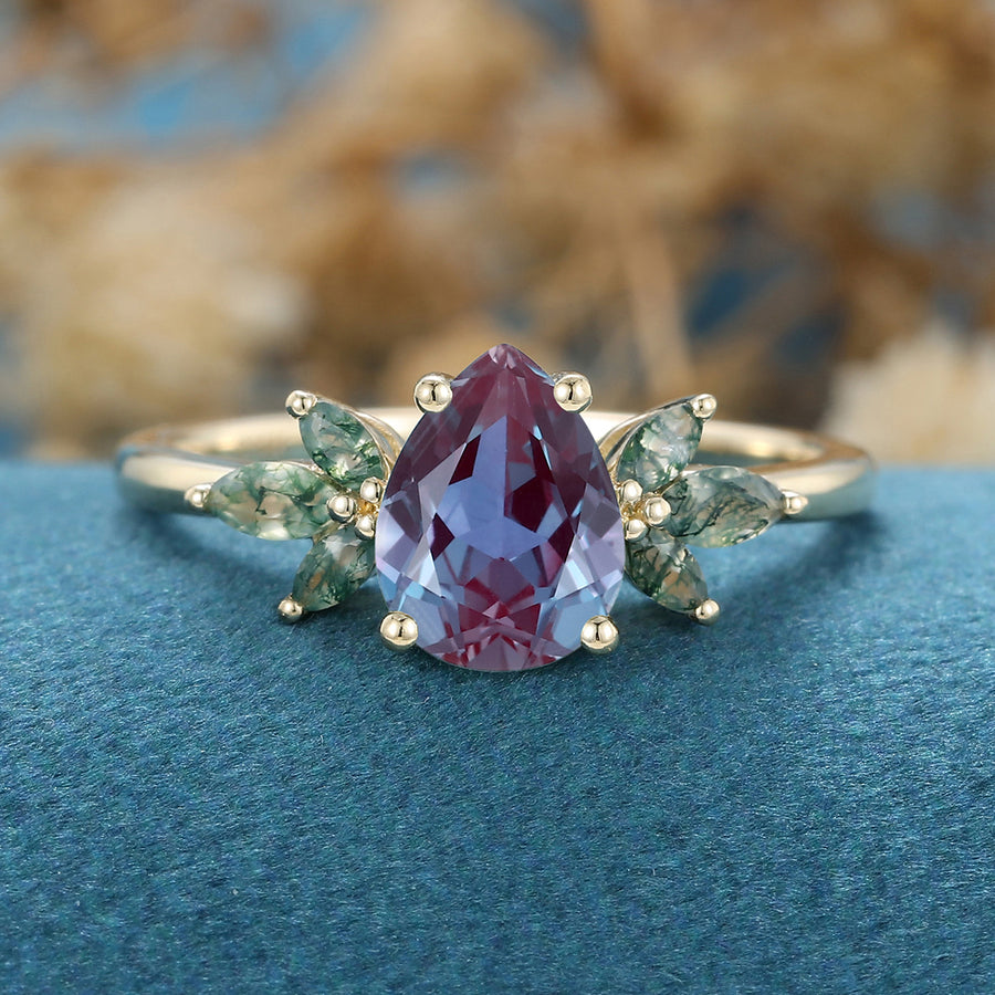 Pear cut Lab Alexandrite Cluster Engagement Ring