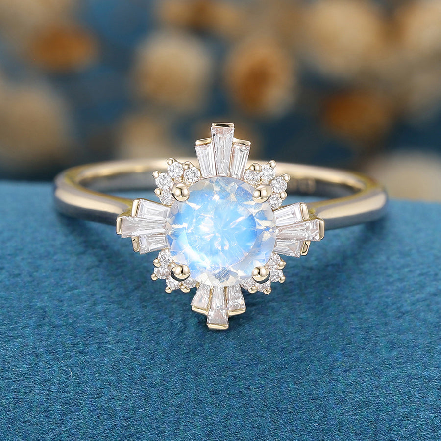 Round cut Moonstone  Halo Baguette Engagement Ring