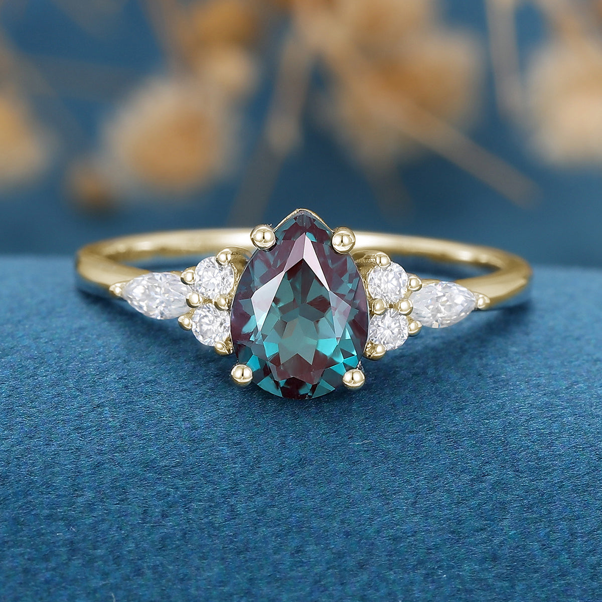 Pear shaped Alexandrite Cluster Engagement ring