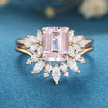 Emerald cut Morganite Cluster Engagement ring Bridal Set