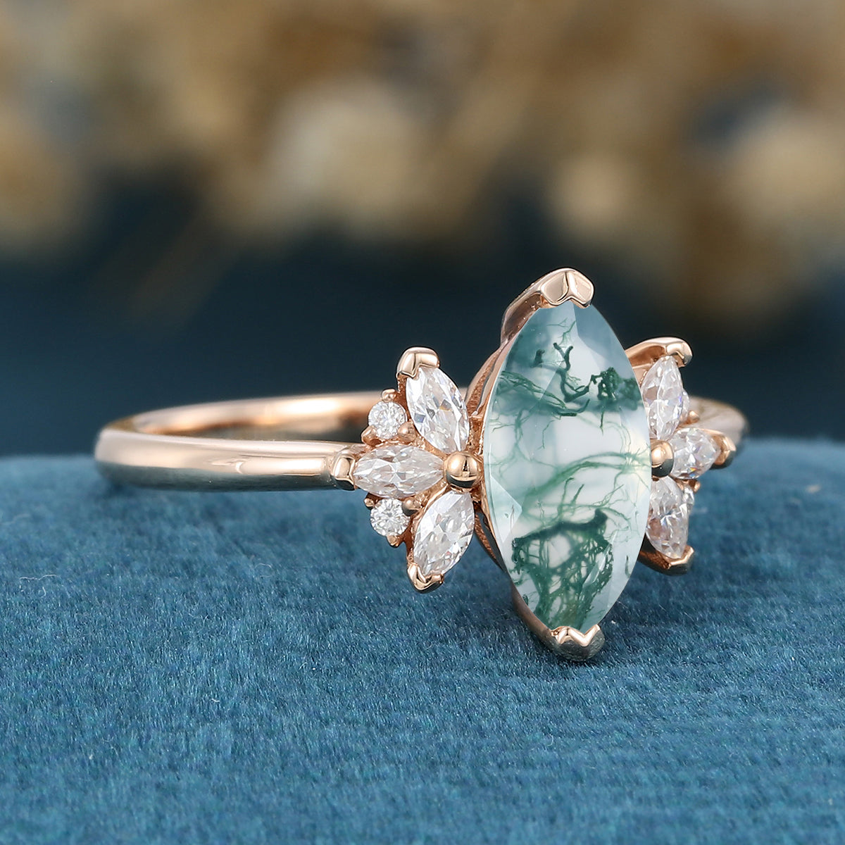 Marquise cut Moss Agate Matching Mossanite | Diamonds Gold Engagement Ring