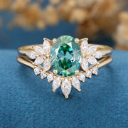 1.4Carat Oval Green Moissanite Cluster Engagement ring Bridal Set