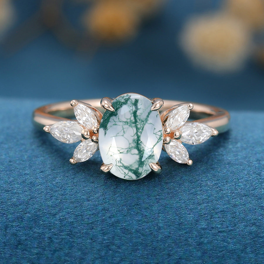 1.5ct Oval cut Moss Agate Engagement Ring