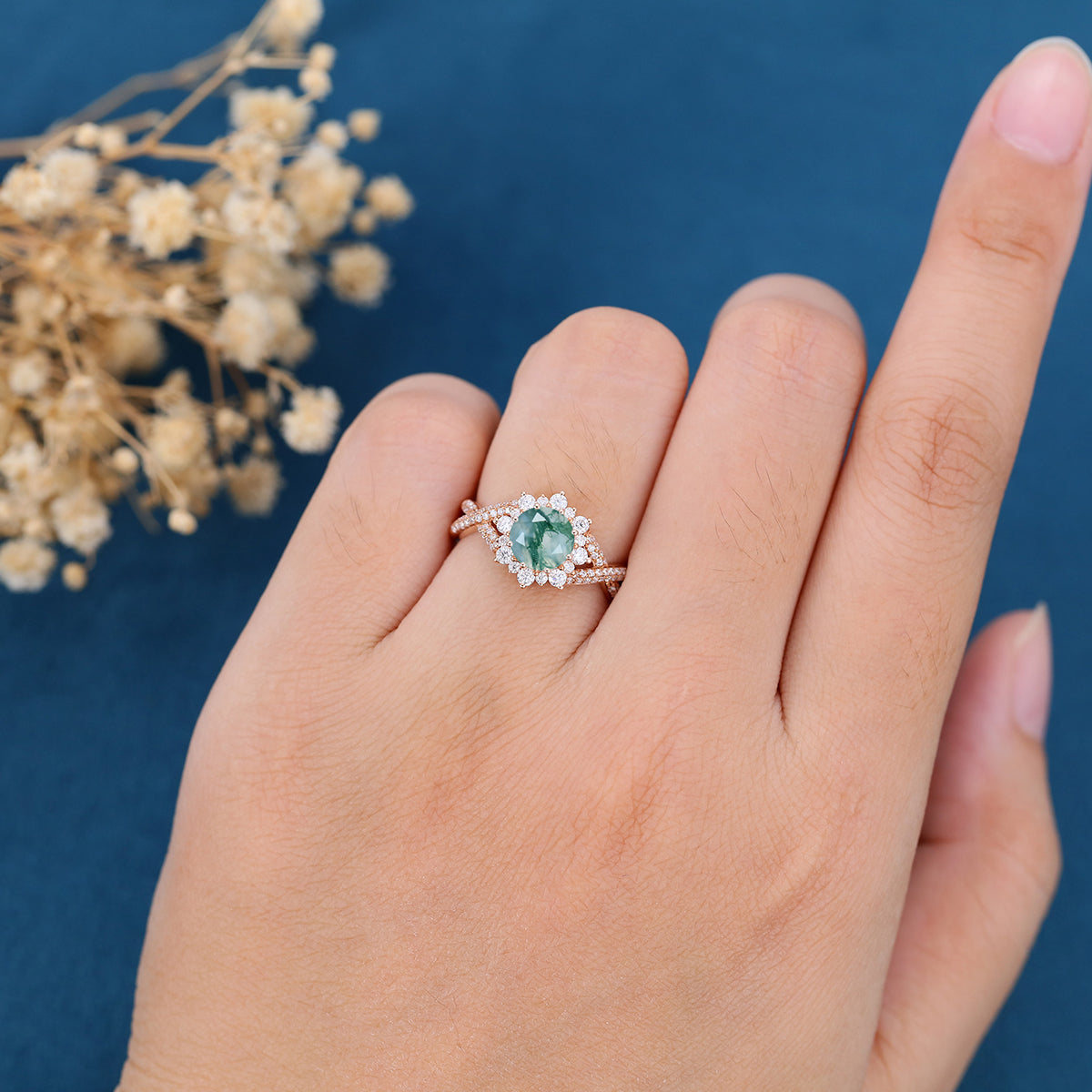 Round cut Moss Agate Matching Mossanite | Diamonds Gold Engagement Ring