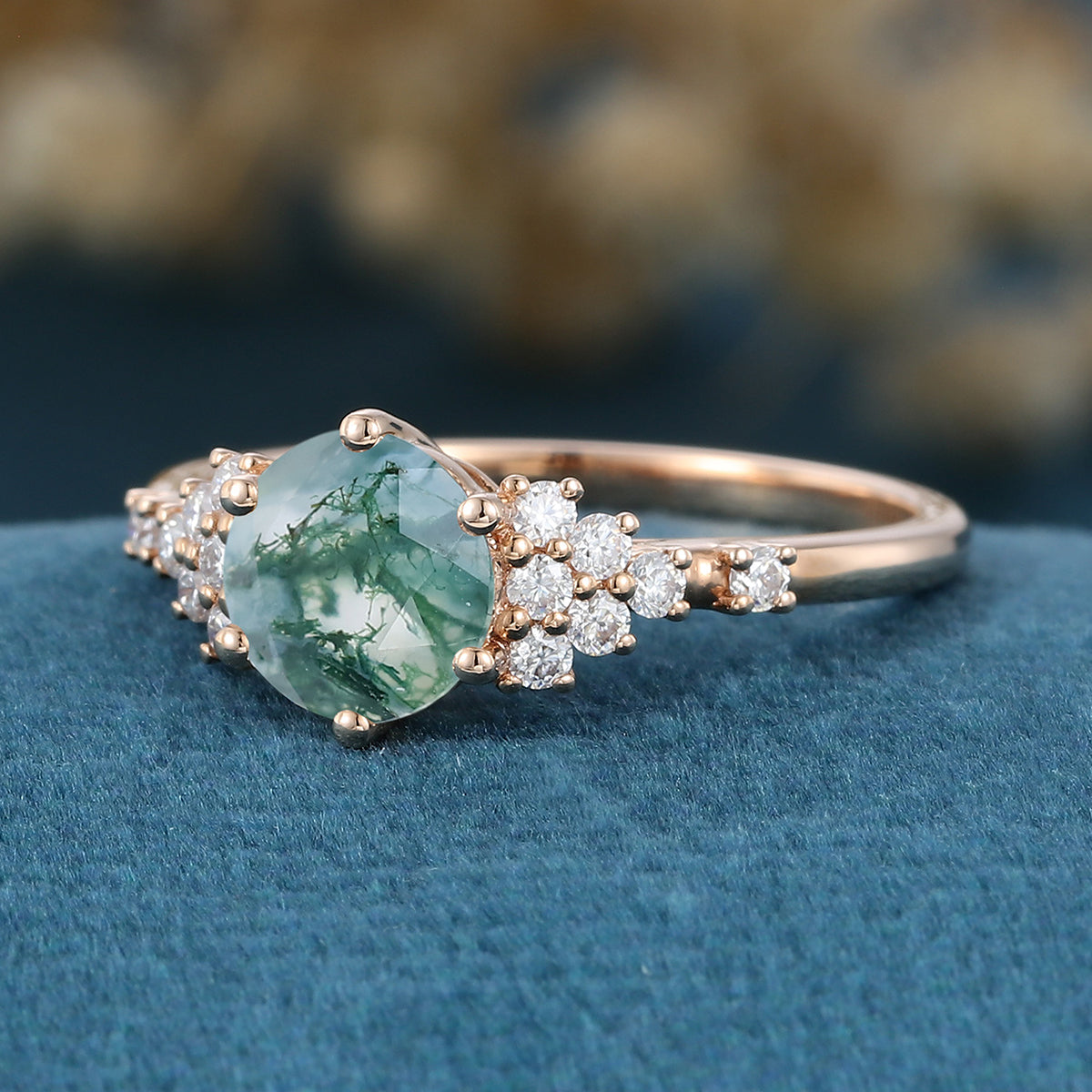 Round cut Moss Agate Matching Mossanite | Diamonds Gold Engagement Ring