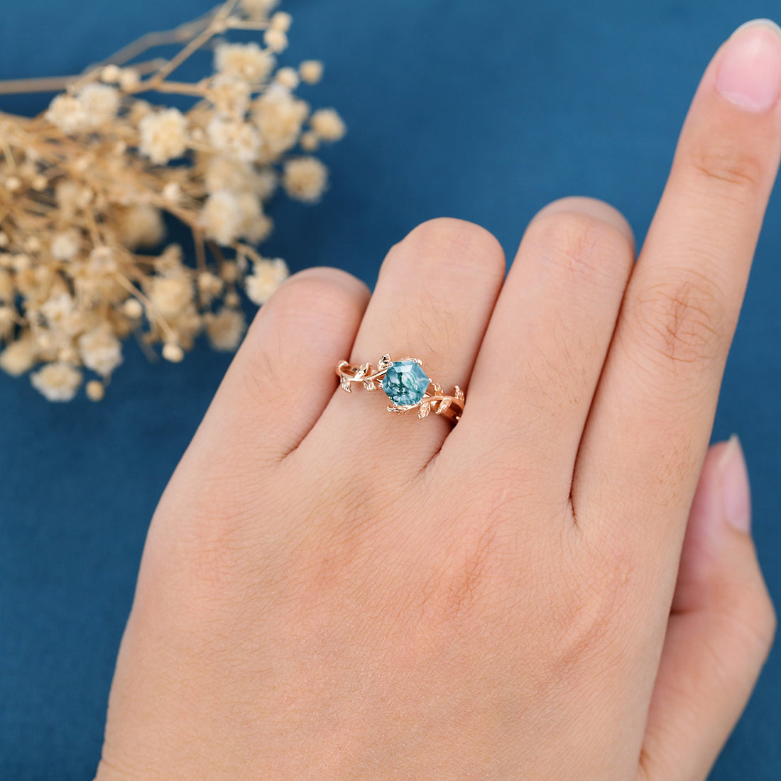 Nature Inspired Hexagon cut Moss Agate Matching Mossanite | Diamonds Gold Engagement Ring