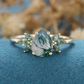 Natural Green Moss Agate pear cut cluster Engagement Ring