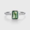 Bezel setting Emerald cut Moss Agate Half Eternity  Moissanite | Diamond Gold Engagement Ring