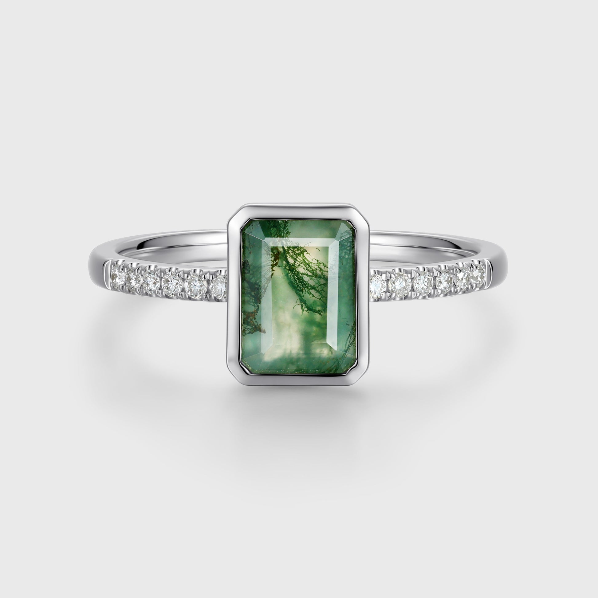 Bezel setting Emerald cut Moss Agate Half Eternity  Moissanite | Diamond Gold Engagement Ring
