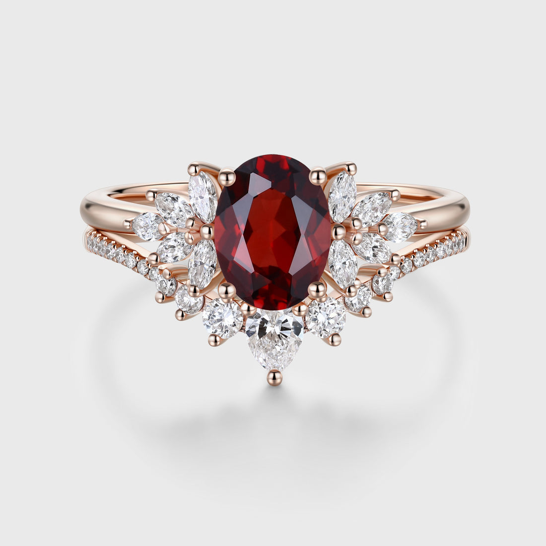 Vintage Oval cut Garnet Cluster Engagement ring Bridal Set