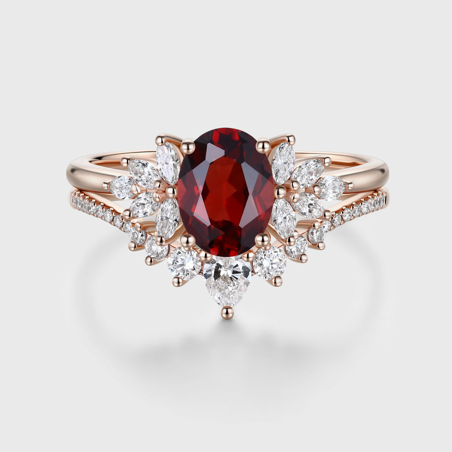 Vintage Oval cut Garnet Cluster Engagement ring Bridal Set