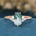 Long Hexagon cut Moss Agate Matching Mossanite | Diamonds Gold Engagement Ring