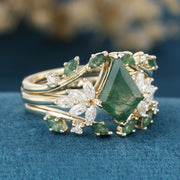 Nature Inspired Oval cut Moss Agate Leaf Gold Ring set (Copy)