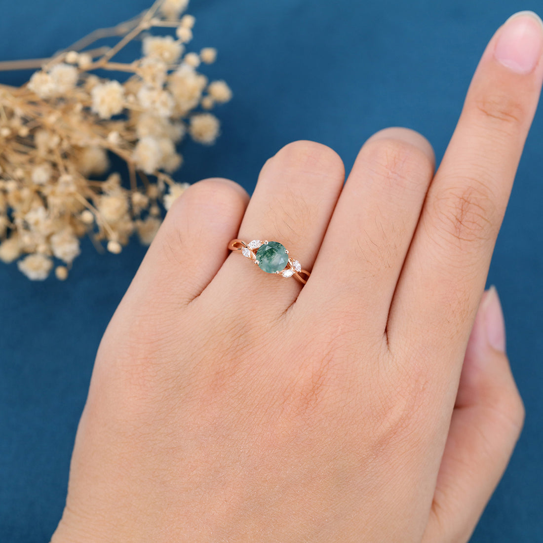 Round cut Moss Agate Matching Mossanite | Diamonds Gold Engagement Ring