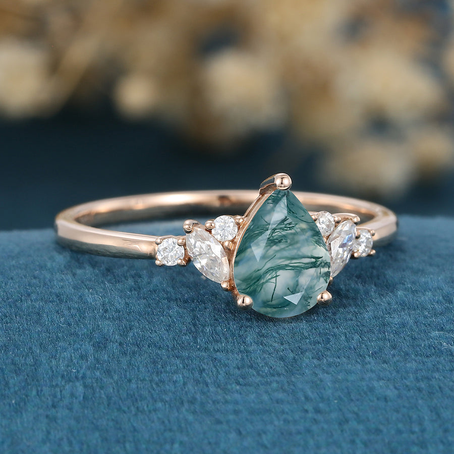 Pear cut Moss Agate Matching Mossanite | Diamonds Gold Engagement Ring