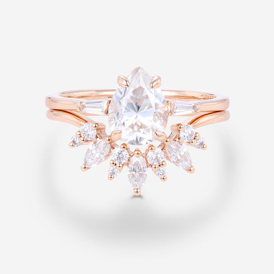 1.2Carat Pear Moissanite | Baguette Diamond Engagement ring Bridal Set