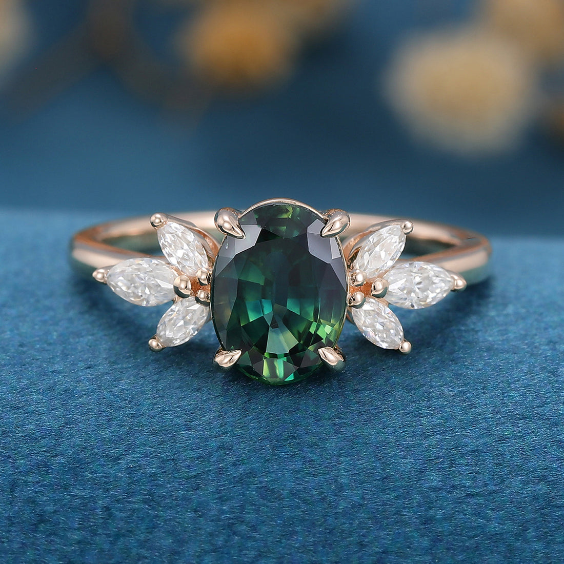 Oval cut Blue-Green Sapphire Cluster Engagement ring