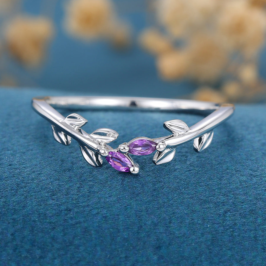 Marquise Amethyst leaf Curved Wedding Band Ring