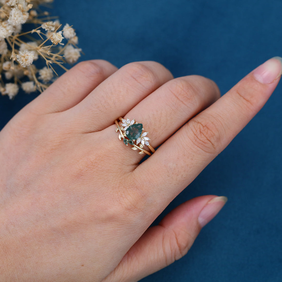 Nature Inspired Pear cut Moss Agate Leaf Gold Wedding bridal set