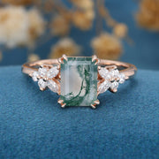 Natural Green Moss Agate Emerald cut cluster Engagement Ring