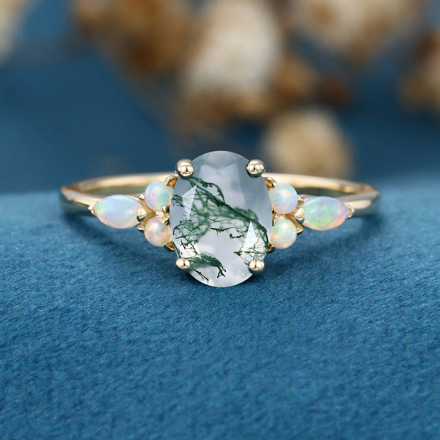 Natural Green Moss Agate Oval cut cluster Engagement Ring