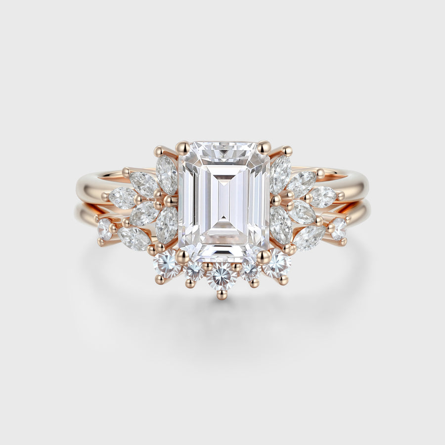 Emerald cut Moissanite Engagement ring Bridal Set