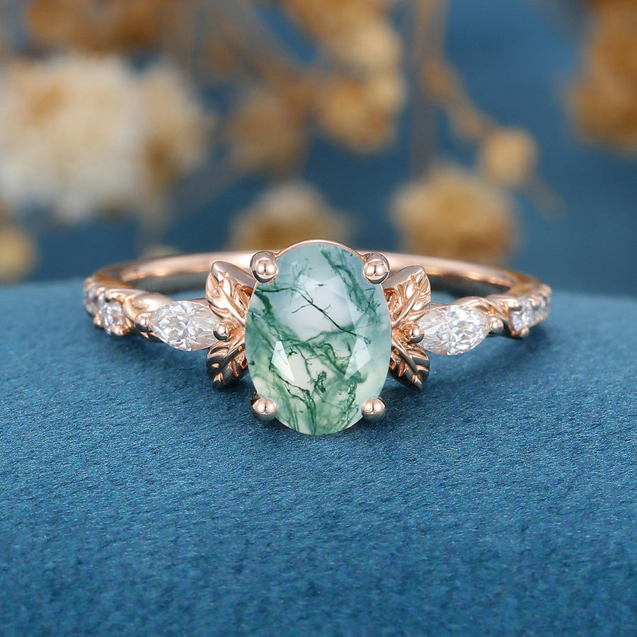 Natural Green Moss Agate Oval cut cluster Engagement Ring