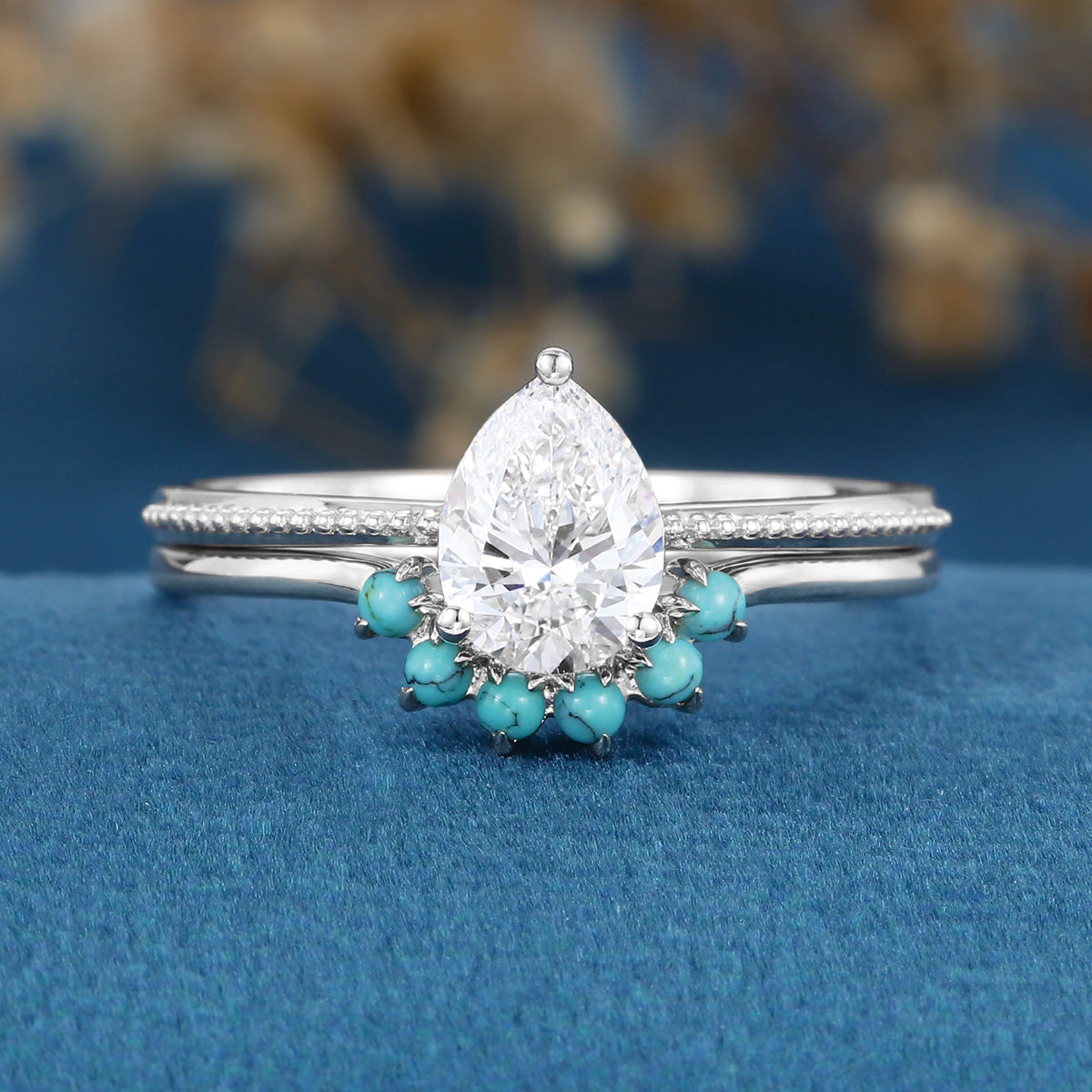 1.2 Carat Pear cut Lab Grown Diamond + Turquoise Wedding bridal set