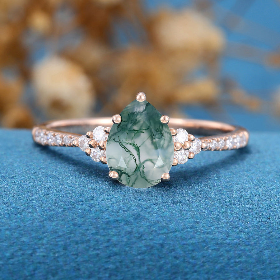 Pear Cut Natural Green Moss Agate Cluster Engagement Ring 