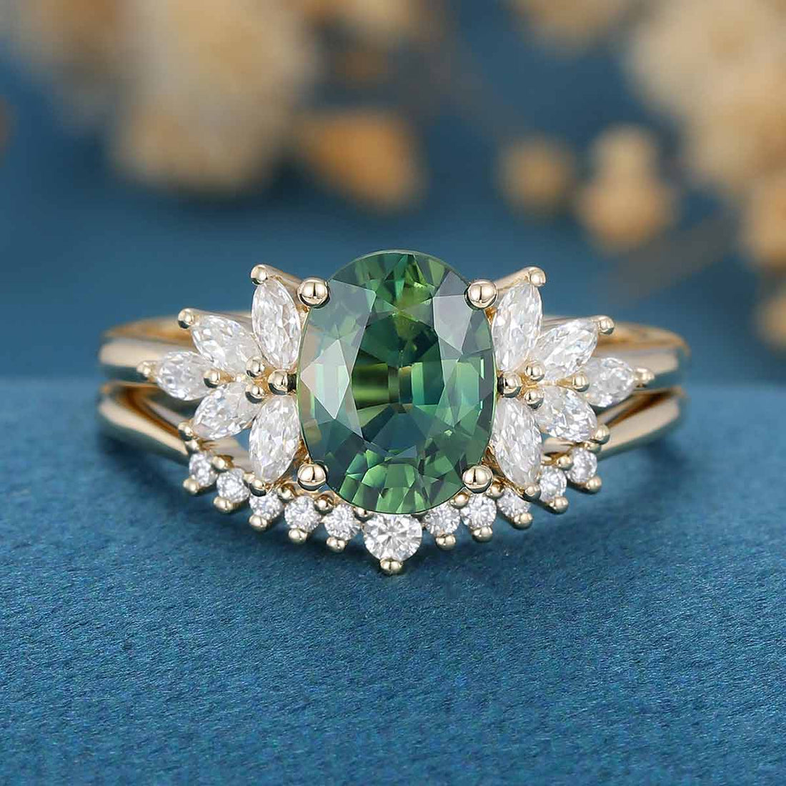 Oval Blue-Green Sapphire Cluster Engagement ring Bridal Set