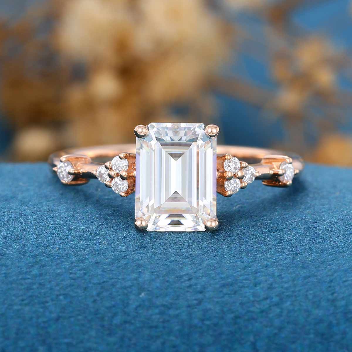 Emerald cut Moissanite Cluster Engagement Ring