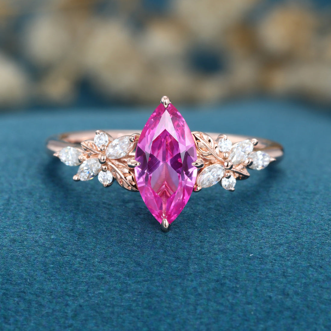 Marquise cut Lab Grown Pink Sapphire Solid Gold Engagement Ring