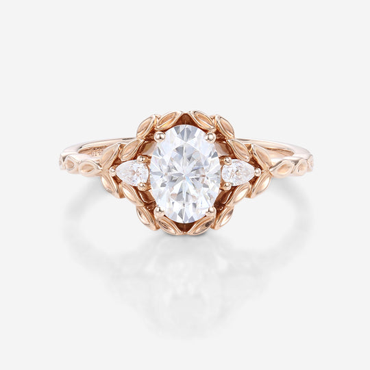Nature Inspired Oval cut Moissanite  Leaf Gold Engagement Ring