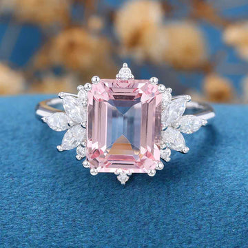 Emerald Cut Morganite Cluster Engagement Ring