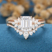 Emerald cut Moissanite Cluster Engagement ring Bridal Set