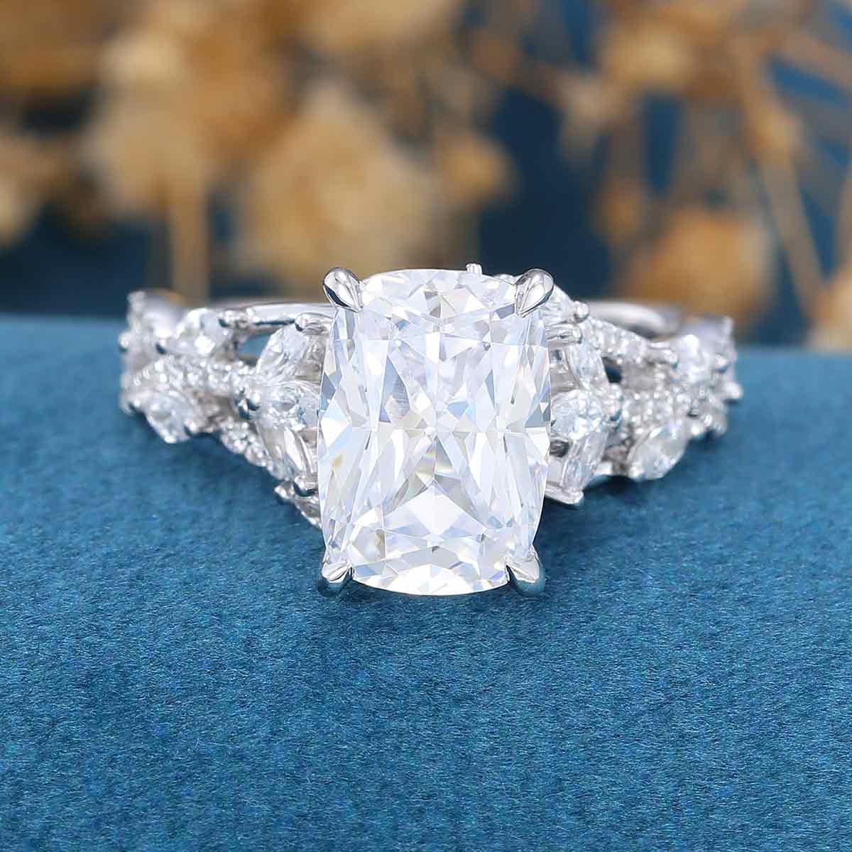 Cushion Cut Moissanite Cluster Engagement Ring