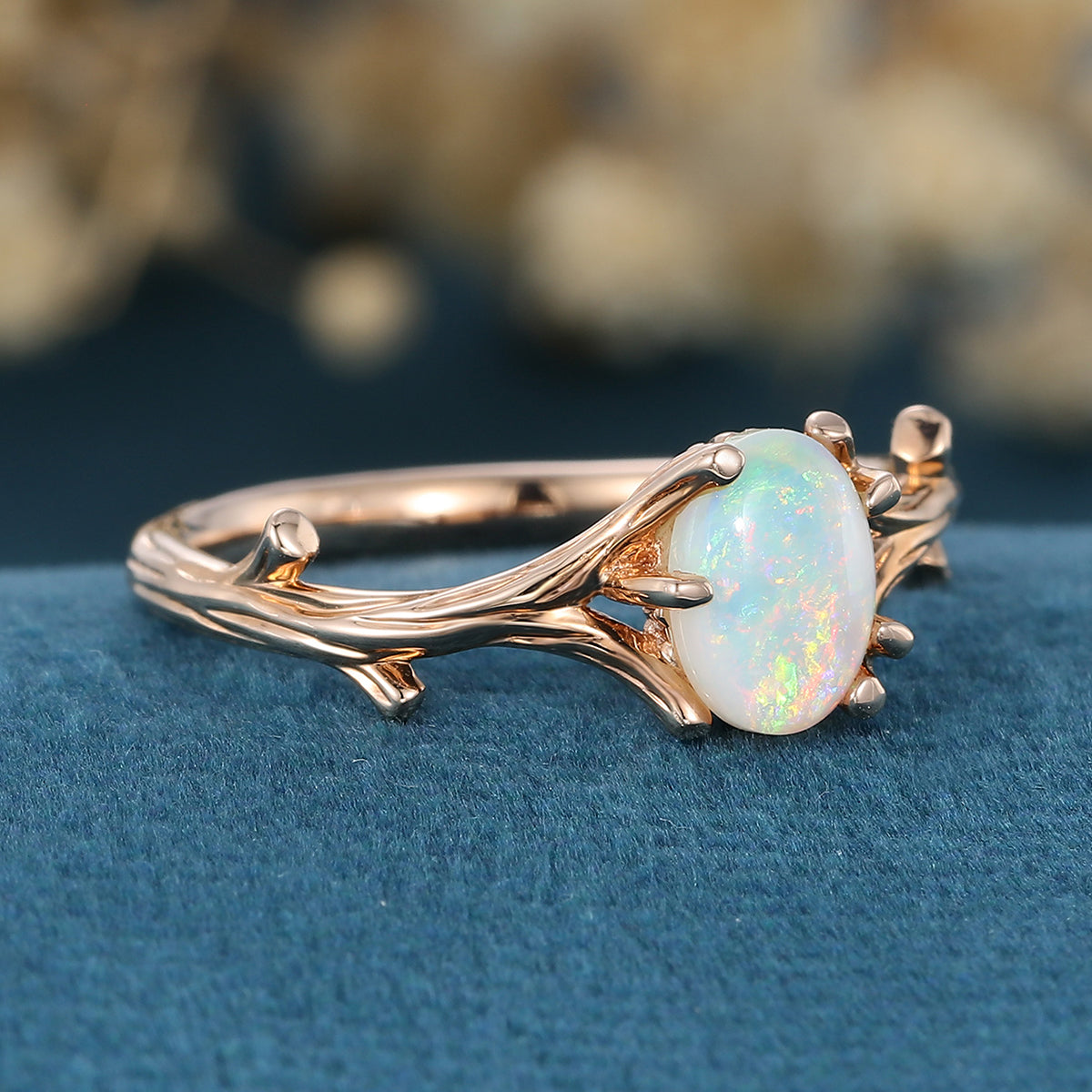 Nature Inspired Oval cut Opal Leaf Engagement Ring