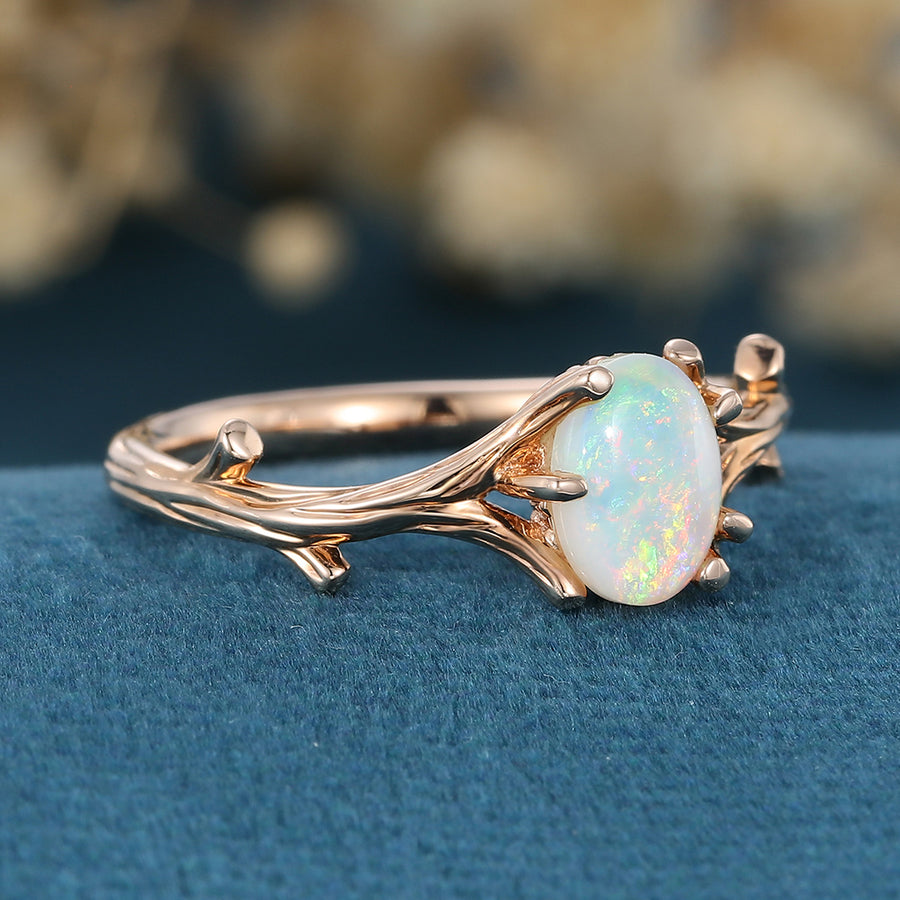 Nature Inspired Oval cut Opal Leaf Engagement Ring