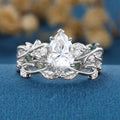 Pear Cut Moissanite Engagement ring + Marquise Moss agate Wedding Bridal Set