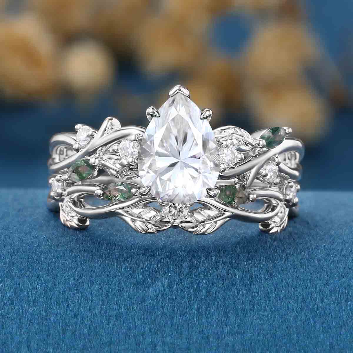 Pear Cut Moissanite Engagement ring + Marquise Moss agate Wedding Bridal Set