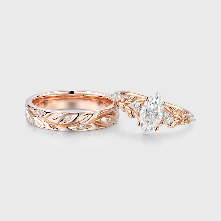 Marquise cut Moissanite Couple Rings | D Color VVS1 | Rose Gold Leaf Wedding Bridal Set