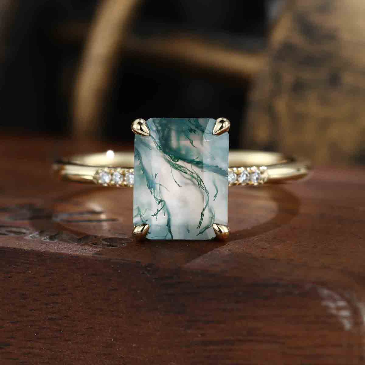 Emerald cut Moss Agate Side Stone Engagement Ring