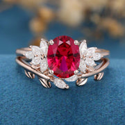 Oval cut Lab Ruby Cluster Engagement ring Bridal Set 