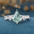 Kite Cut Natural Green Moss Agate Cluster Engagement Ring