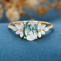 Oval Cut Natural Green Moss Agate Cluster Engagement Ring 