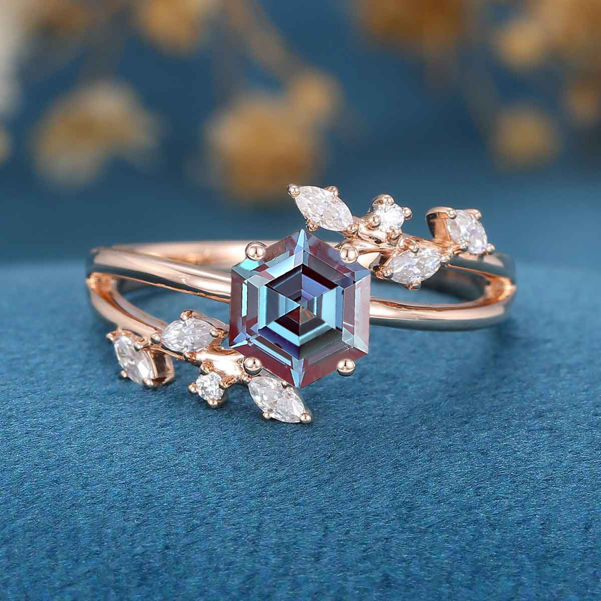 Hexagon cut Alexandrite | Diamond Engagement ring 