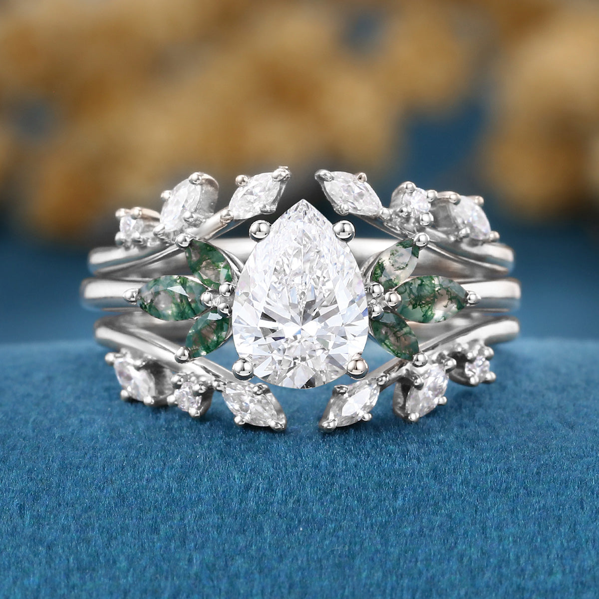 Pear cut Lab Grown Diamond + Moss agate Wedding bridal set