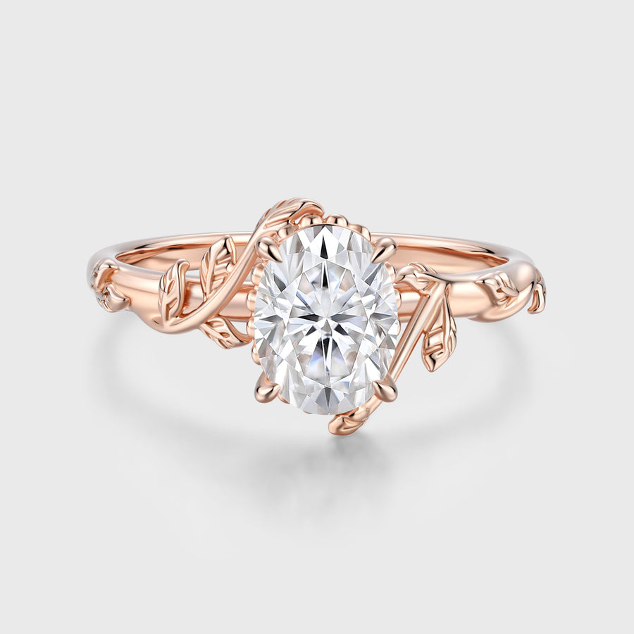 Nature Inspired Oval cut Moissanite Leaf Gold Engagement Ring